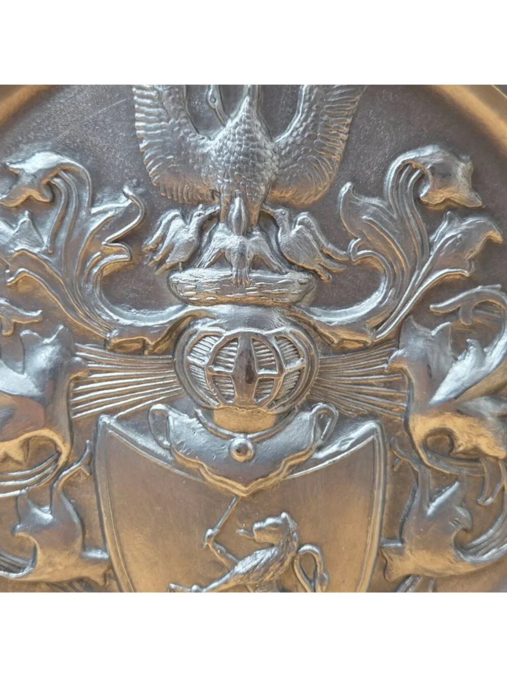 Vintage Pewter Heraldic Wall Plate Swan Lion Coat of Arms Crown Rose Mark